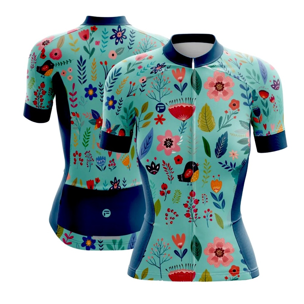 Womens Floral Short Sleeve Cycling Jersey in Aqua